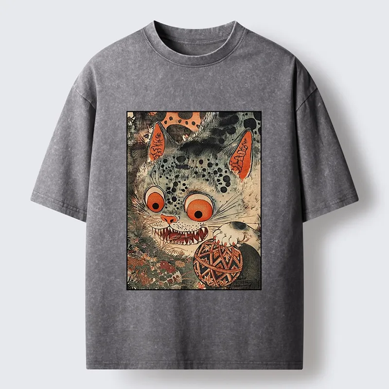 Tokyo‑Tiger Funny Yokai Cat Washed T‑Shirt
