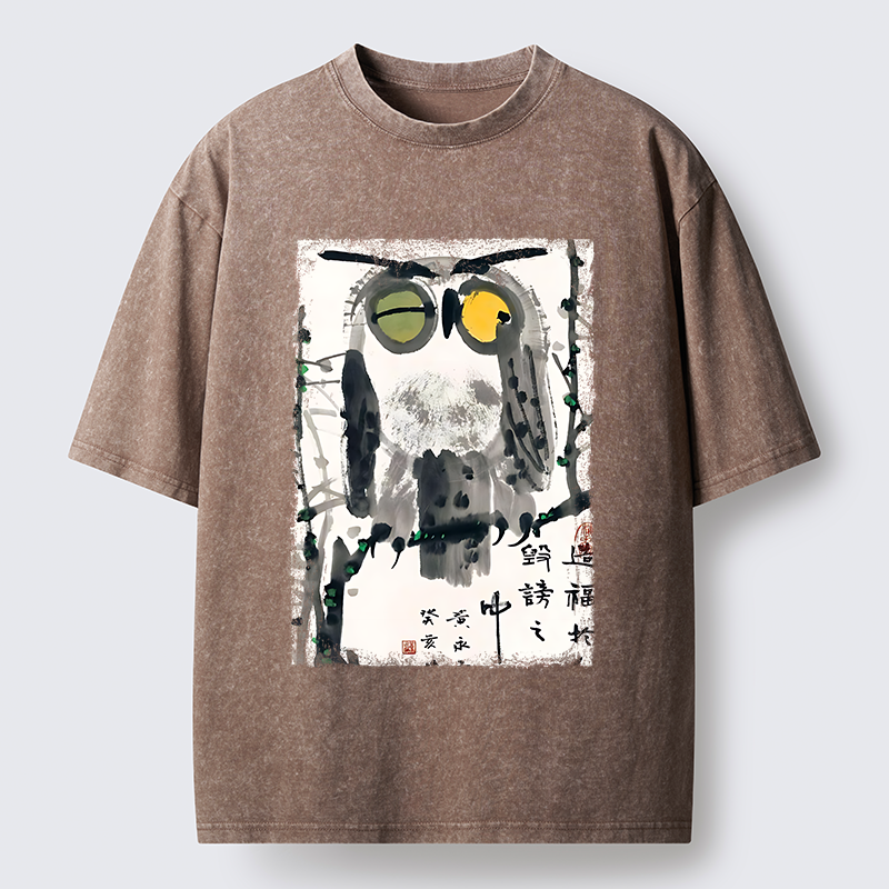 Tokyo-Tiger Oriental Ink Owl Art Washed T-Shirt