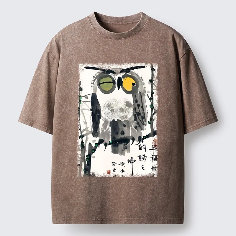 Tokyo-Tiger Oriental Ink Owl Art Washed T-Shirt