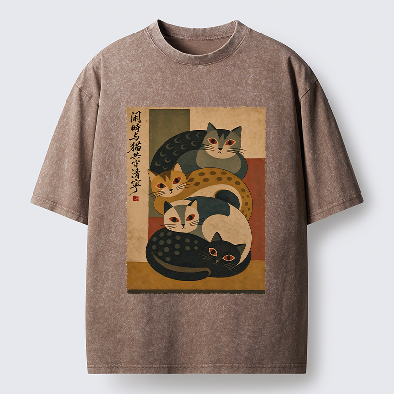 Tokyo-Tiger Retro Stack Cat Art Washed T-Shirt