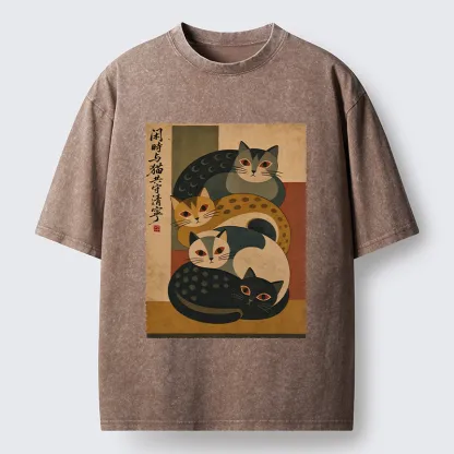 Tokyo-Tiger Retro Stack Cat Art Washed T-Shirt