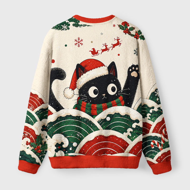 Tokyo-Tiger Santa Hat Cat Vibes Fuzzy Christmas Ugly Sweatshirt
