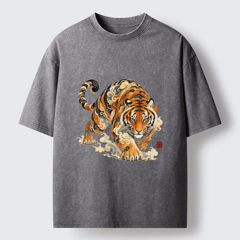 Tokyo-Tiger Vintage Cloud Tiger Print Washed T-Shirt