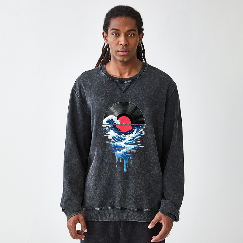 Tokyo-Tiger Vinyl Records And Waves Washed Terry Sweatshirt