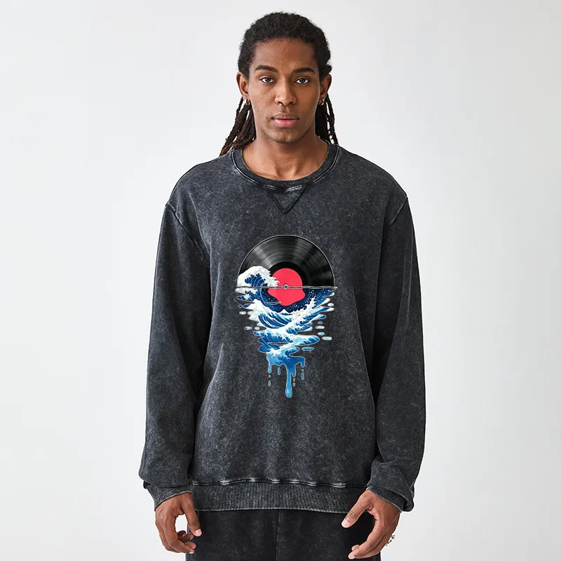 Tokyo-Tiger Vinyl Records And Waves Washed Terry Sweatshirt