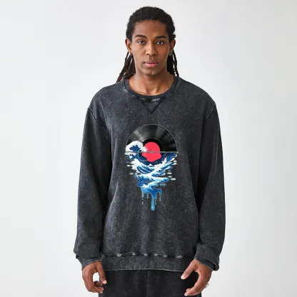 Tokyo-Tiger Vinyl Records And Waves Washed Terry Sweatshirt