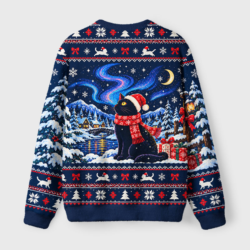 Tokyo-Tiger Winter Night Santa Cat Fuzzy Christmas Ugly Sweatshirt