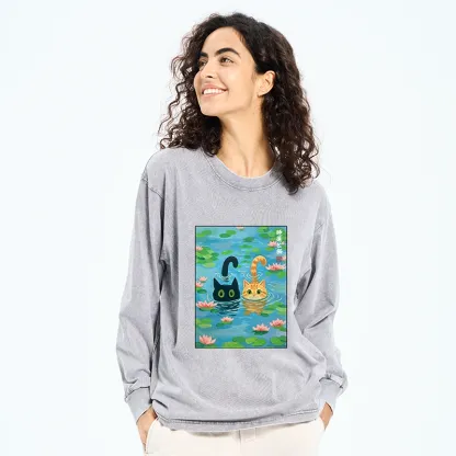 Tokyo-Tiger Cats In The Lotus Pond Long Sleeve T-Shirt