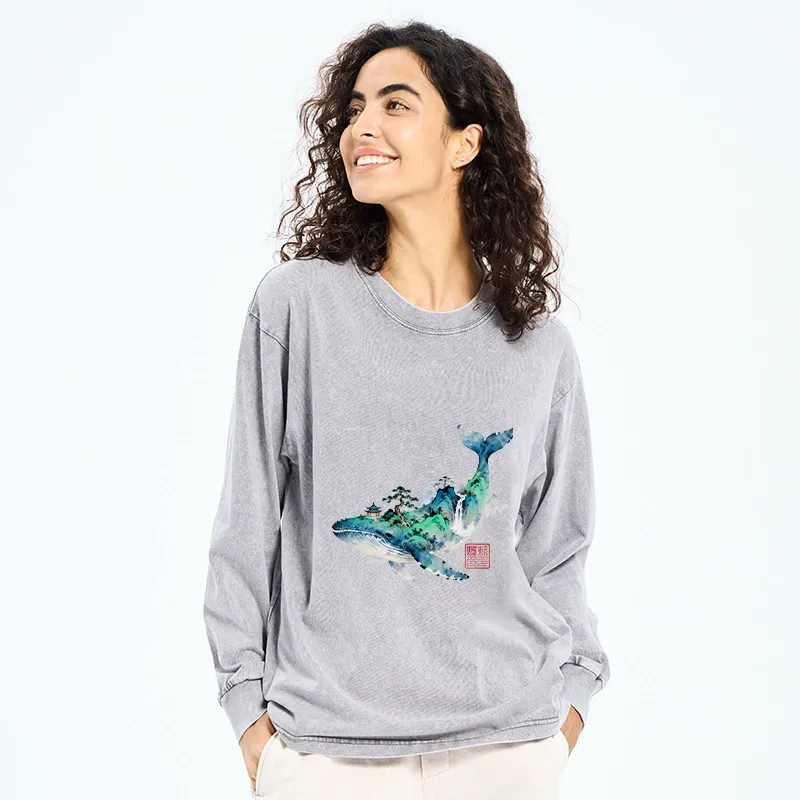 Tokyo-Tiger Whale Ink Painting Landscape Washed Long Sleeve T-Shirt