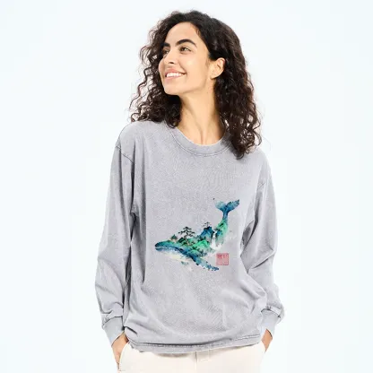 Tokyo-Tiger Whale Ink Painting Landscape Washed Long Sleeve T-Shirt