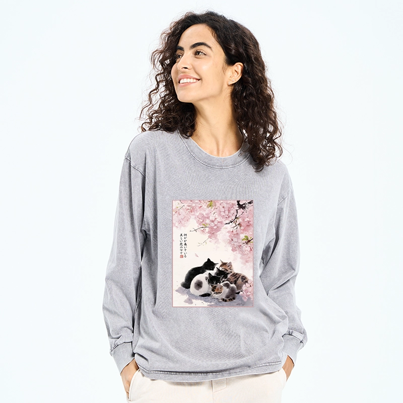 Tokyo-Tiger Cute Cats Sakura Garden Washed Long Sleeve T-Shirt