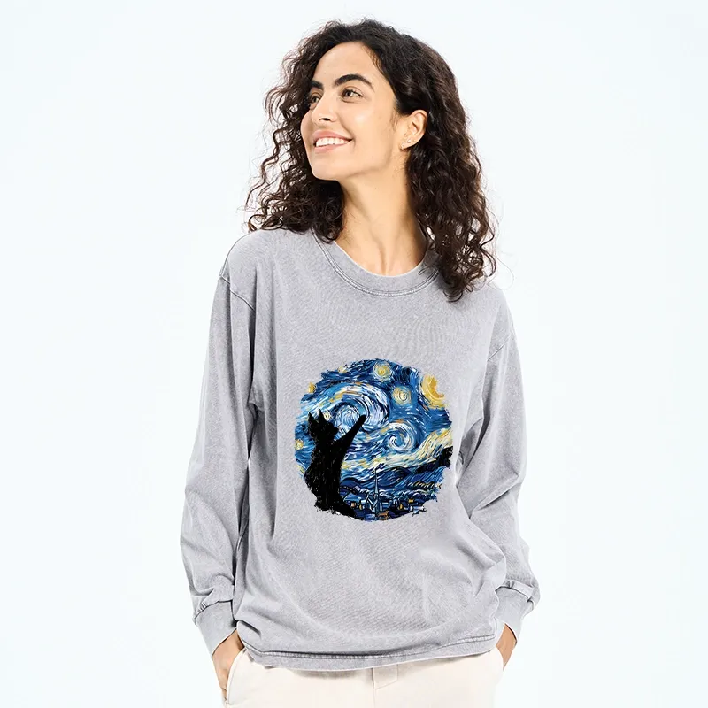 Tokyo-Tiger Starry Night Black Cat Washed Long Sleeve T-Shirt