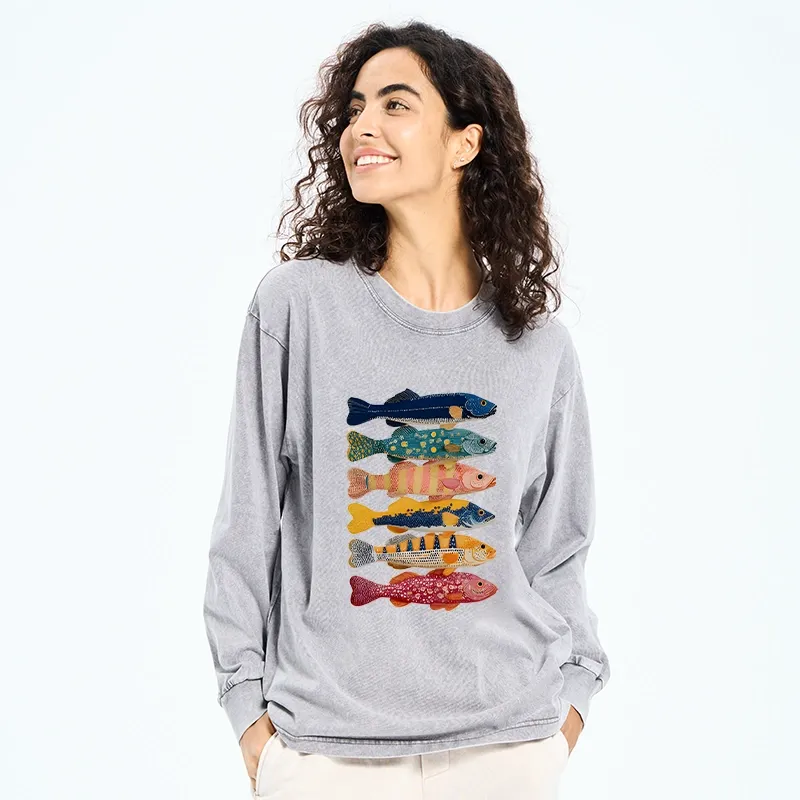 Tokyo-Tiger Colorful Fish Art Collection Washed Long Sleeve T-Shirt