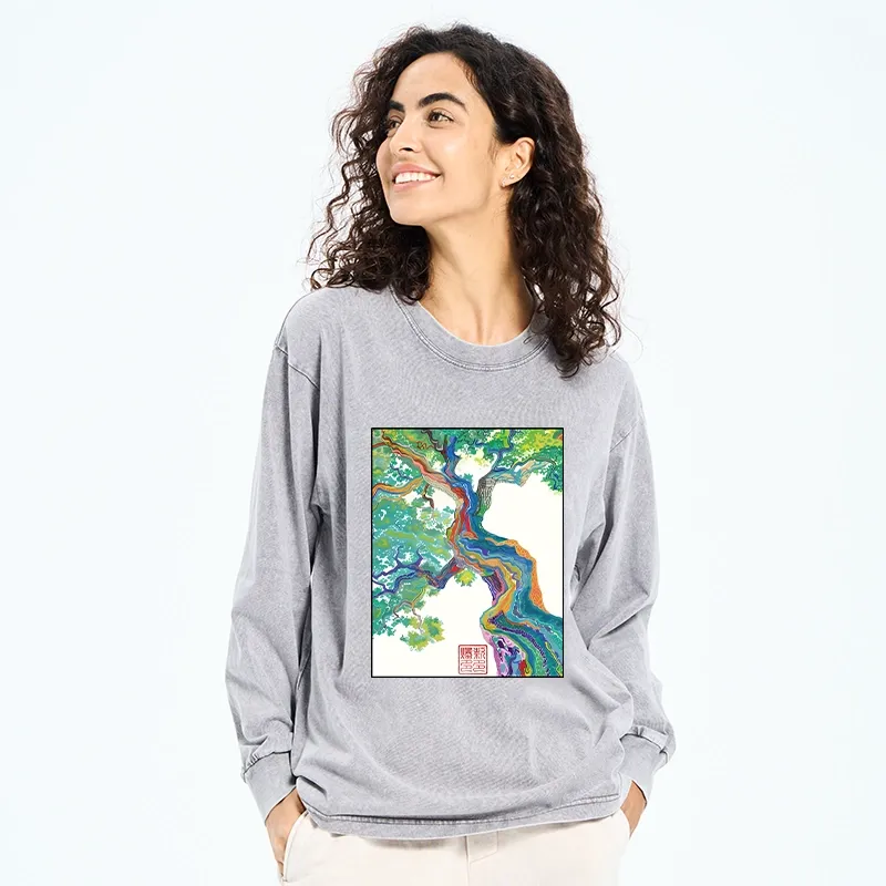 Tokyo-Tiger Colorful Magic Tree Washed Long Sleeve T-Shirt
