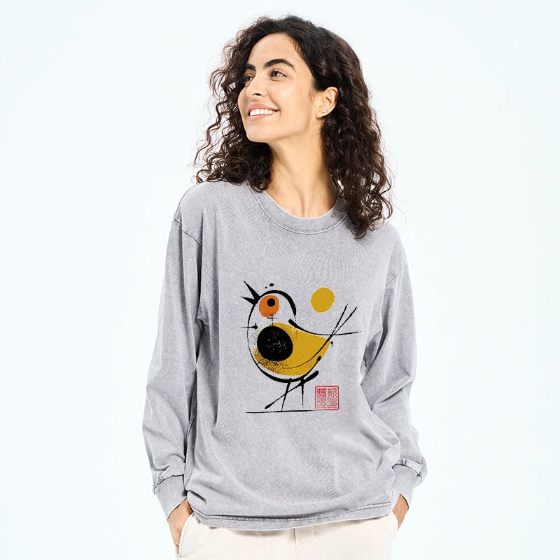 Tokyo-Tiger Aesthetic Yellow And Black Bird Washed Long Sleeve T-Shirt
