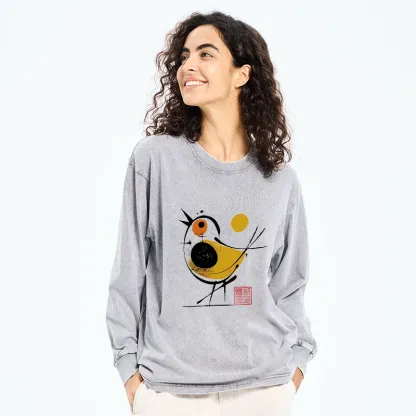 Tokyo-Tiger Aesthetic Yellow And Black Bird Washed Long Sleeve T-Shirt