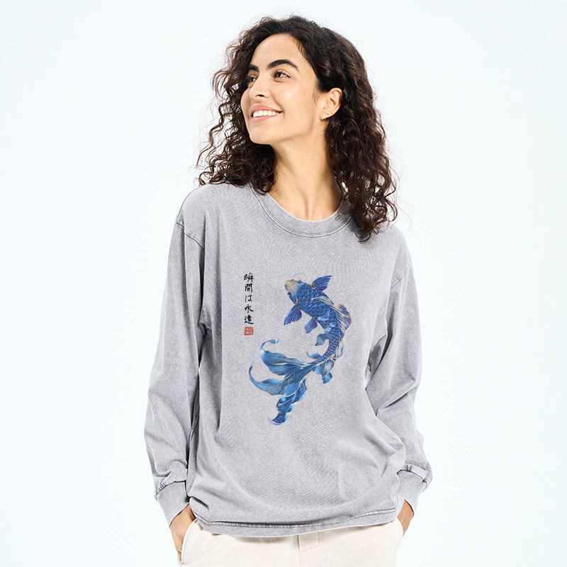 Tokyo-Tiger Lucky Blue Koi Fish Art Washed Long Sleeve T-Shirt