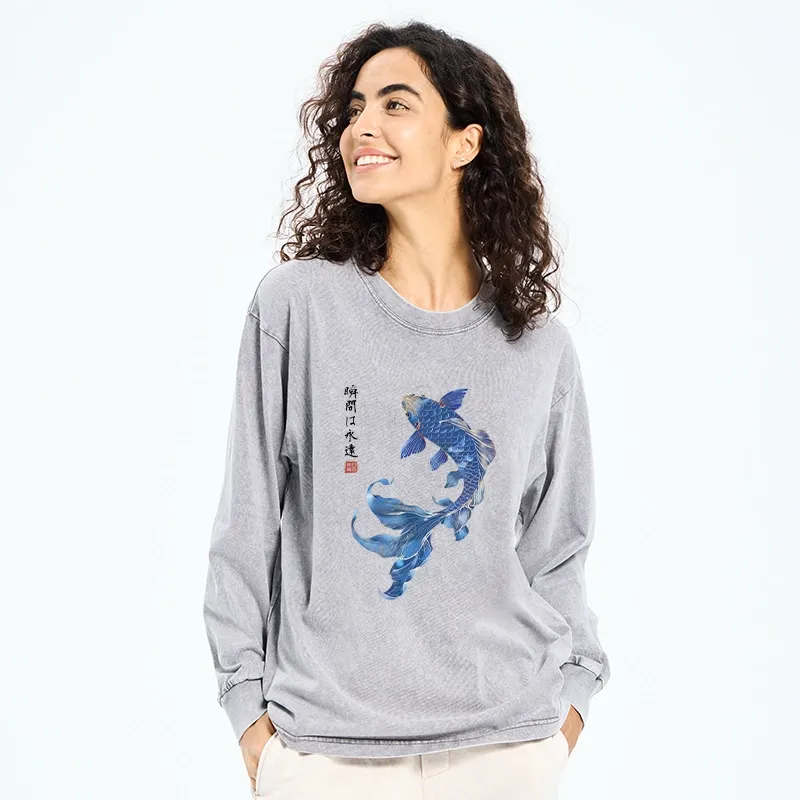 Tokyo-Tiger Lucky Blue Koi Fish Art Washed Long Sleeve T-Shirt