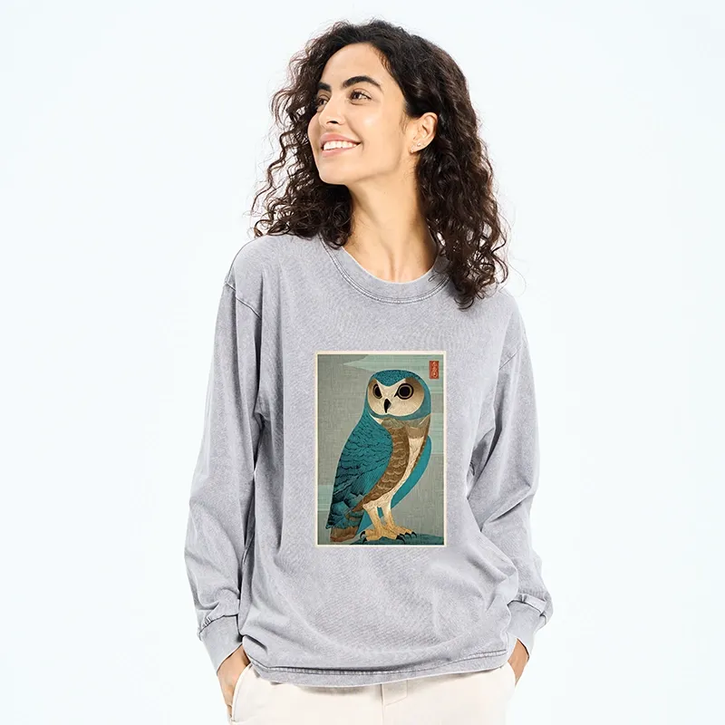 Tokyo-Tiger Vintage Owl Woodblock Art Washed Long Sleeve T-Shirt