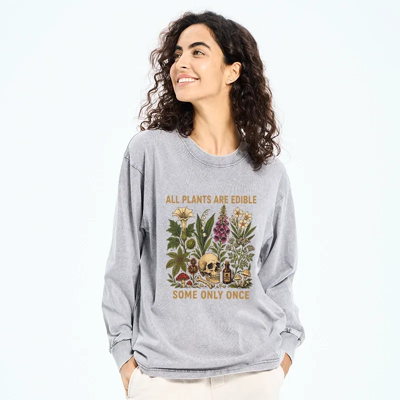 Tokyo-Tiger Edible Plants Some Only Once Joke Washed Long Sleeve T-Shirt