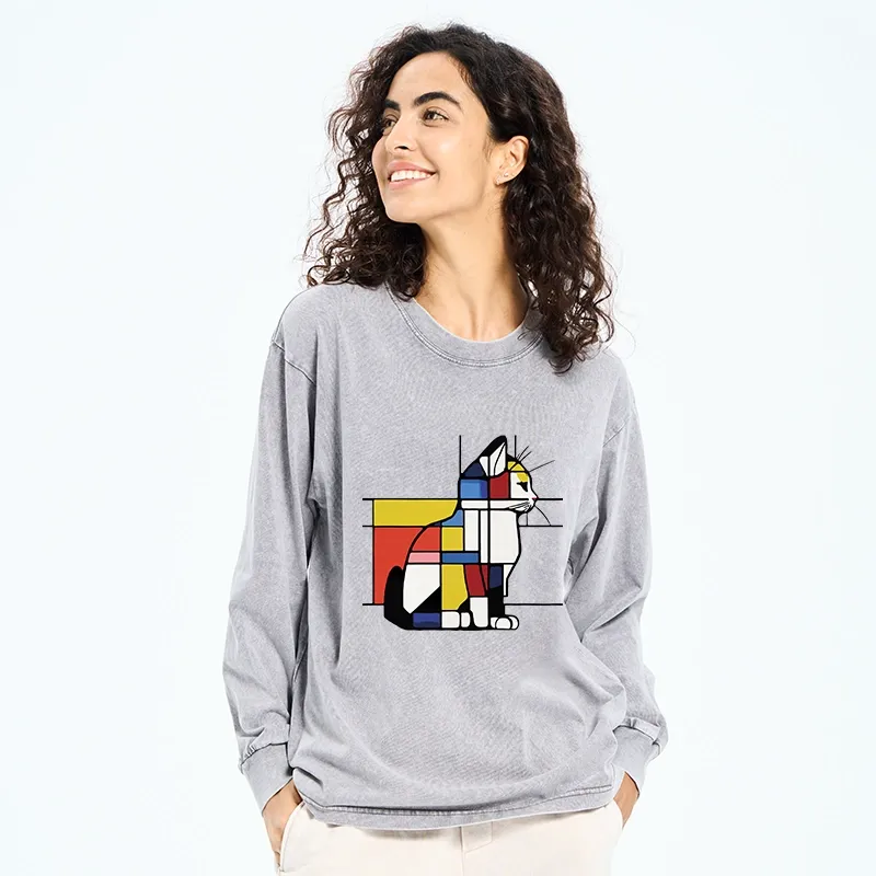 Tokyo-Tiger Geometric Cat Art In Primary Colors Washed Long Sleeve T-Shirt