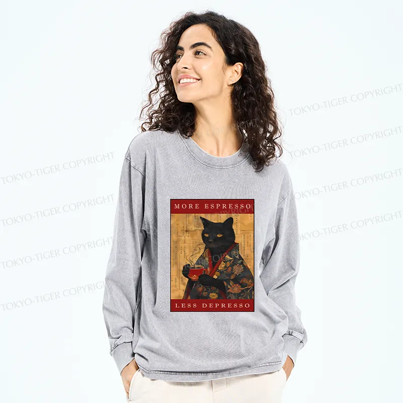 Tokyo-Tiger More Espresso Less Depresso Cat Washed Long Sleeve T-Shirt