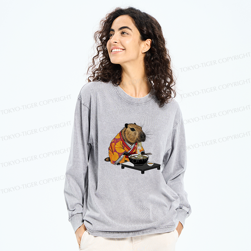 Tokyo-Tiger Cute Capybara Eating Ramen Washed Long Sleeve T-Shirt