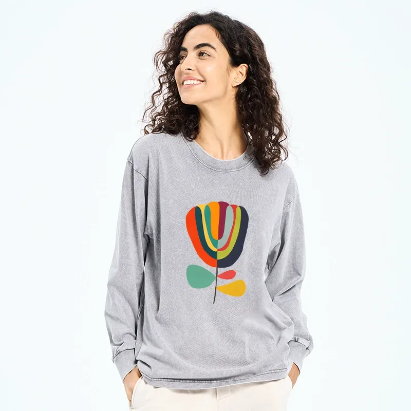 Tokyo-Tiger Colorful Flower Minimalist Print Washed Long Sleeve T-Shirt