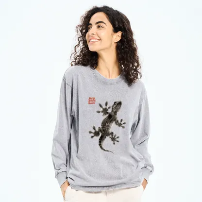 Tokyo-Tiger Minimal Asian Ink Brush Gecko Vibe Washed Long Sleeve T-Shirt