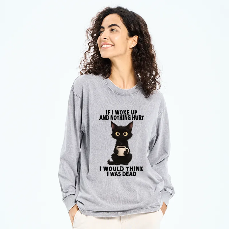 Tokyo-Tiger Funny Cute Black Cat And Coffee Meme Washed Long Sleeve T-Shirt