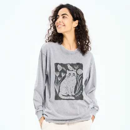Tokyo-Tiger Folk Paper Cut Cat Bird Floral Art Washed Long Sleeve T-Shirt
