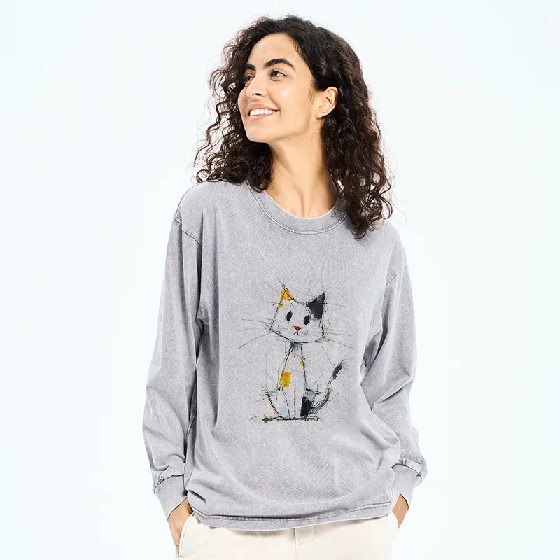 Tokyo-Tiger Minimal Splash Ink Cute Cat Washed Long Sleeve T-Shirt