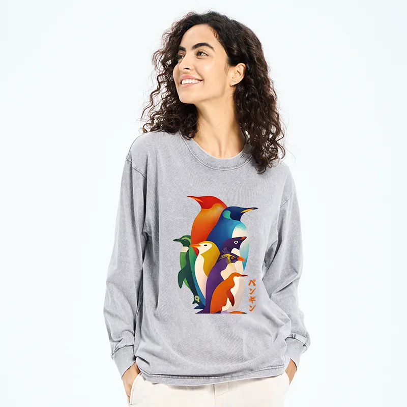 Tokyo-Tiger Cute Multi Tone Penguins Washed Long Sleeve T-Shirt