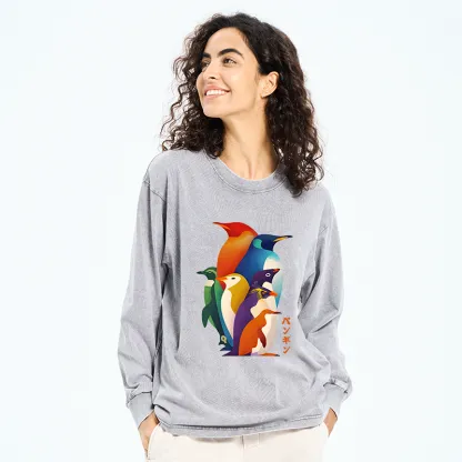 Tokyo-Tiger Cute Multi Tone Penguins Washed Long Sleeve T-Shirt