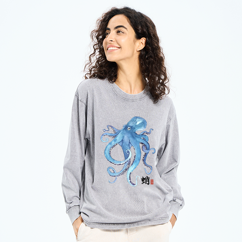Tokyo-Tiger Watercolor Blue Octopus Washed Long Sleeve T-Shirt