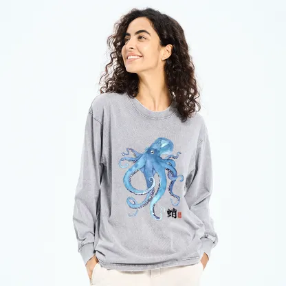 Tokyo-Tiger Watercolor Blue Octopus Washed Long Sleeve T-Shirt
