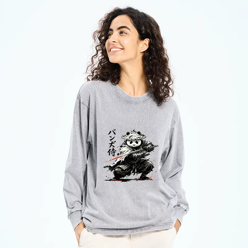 Tokyo-Tiger Panda Samurai Warrior Washed Long Sleeve T-Shirt