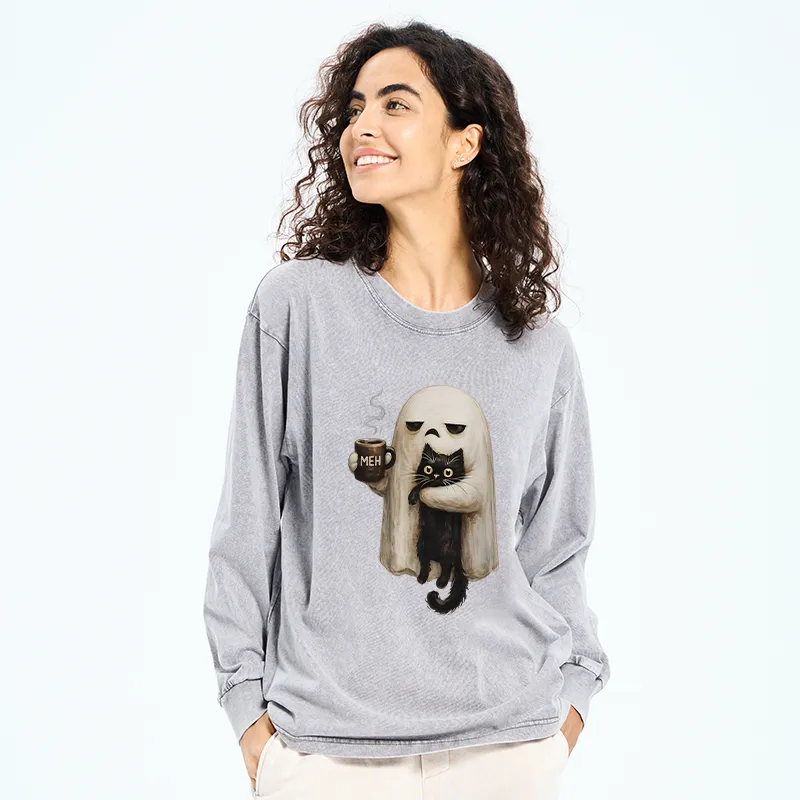 Tokyo-Tiger Ghost Cat Coffee Mood Washed Long Sleeve T-Shirt