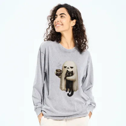 Tokyo-Tiger Ghost Cat Coffee Mood Washed Long Sleeve T-Shirt