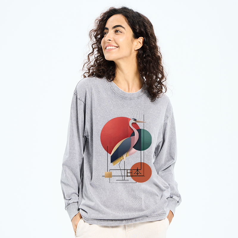 Tokyo-Tiger Geometric Crane Art Washed Long Sleeve T-Shirt