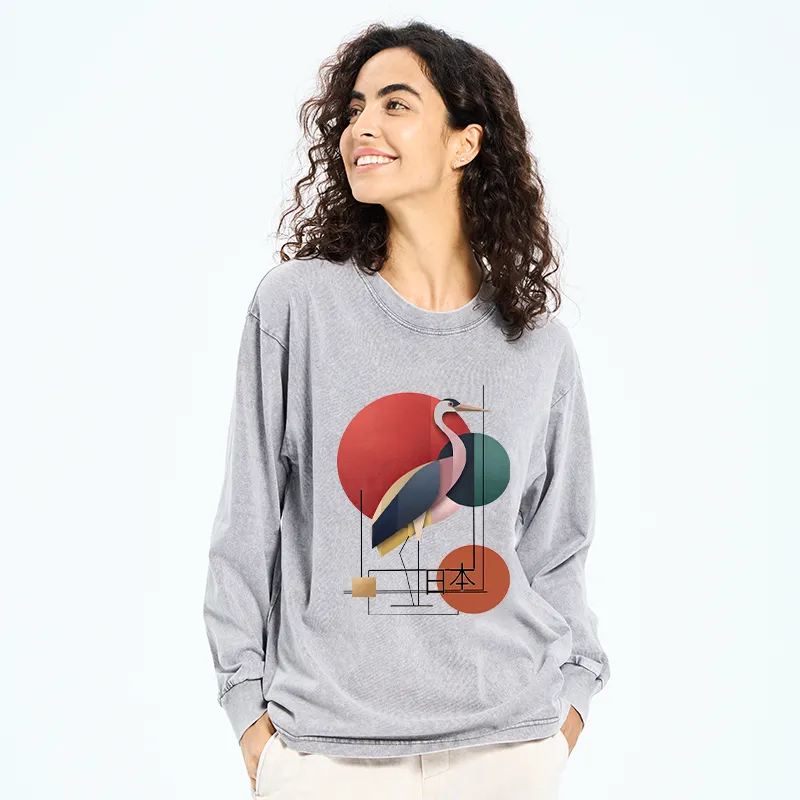 Tokyo-Tiger Geometric Crane Art Washed Long Sleeve T-Shirt