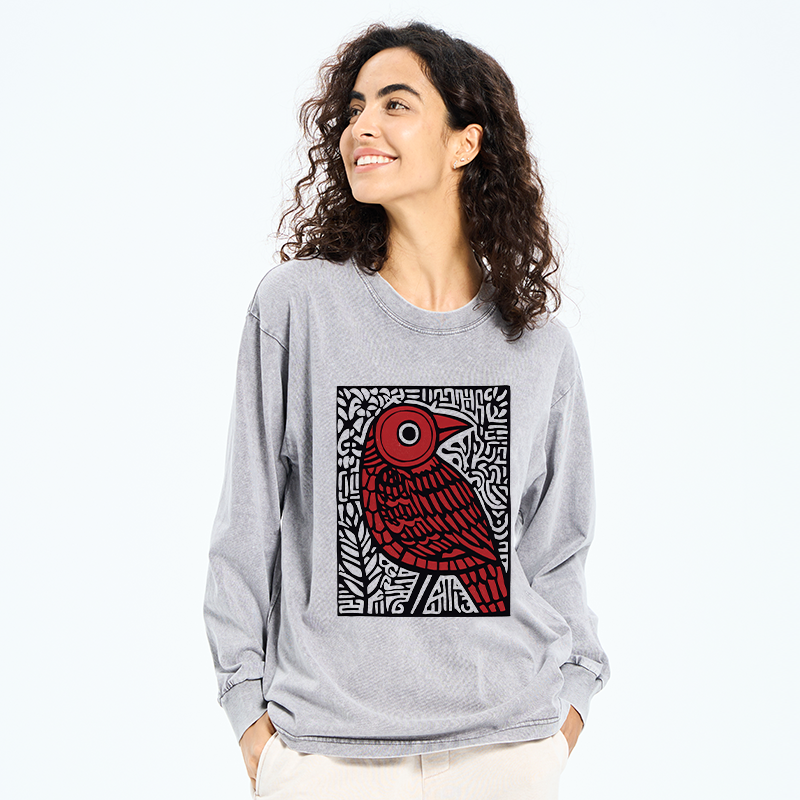 Tokyo-Tiger Retro Woodblock Bird Washed Long Sleeve T-Shirt