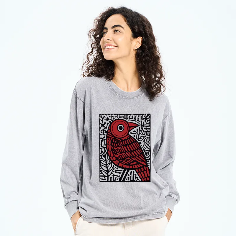 Tokyo-Tiger Retro Woodblock Bird Washed Long Sleeve T-Shirt