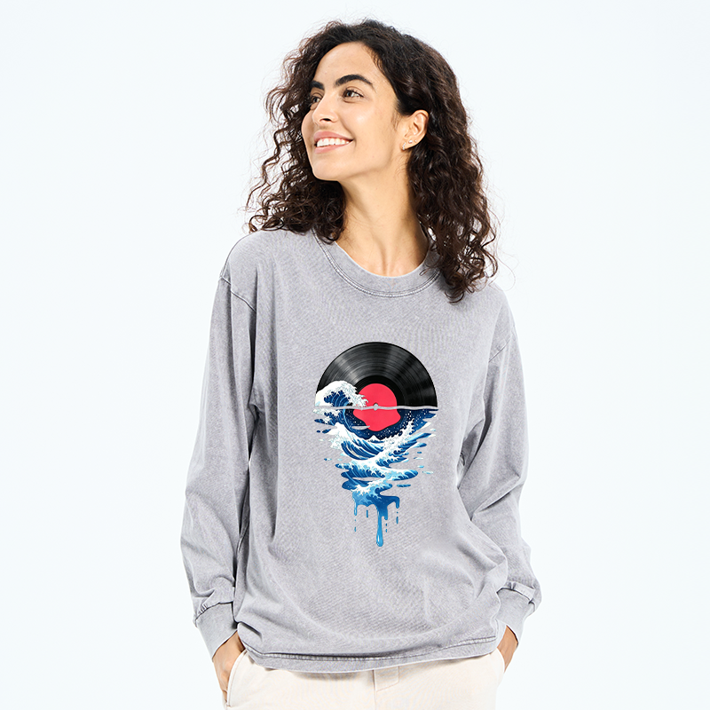 Tokyo-Tiger Vinyl Records And Waves Washed Long Sleeve T-Shirt
