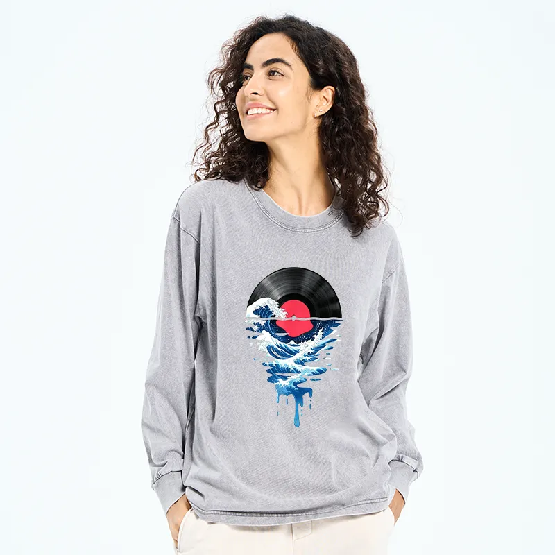 Tokyo-Tiger Vinyl Records And Waves Washed Long Sleeve T-Shirt