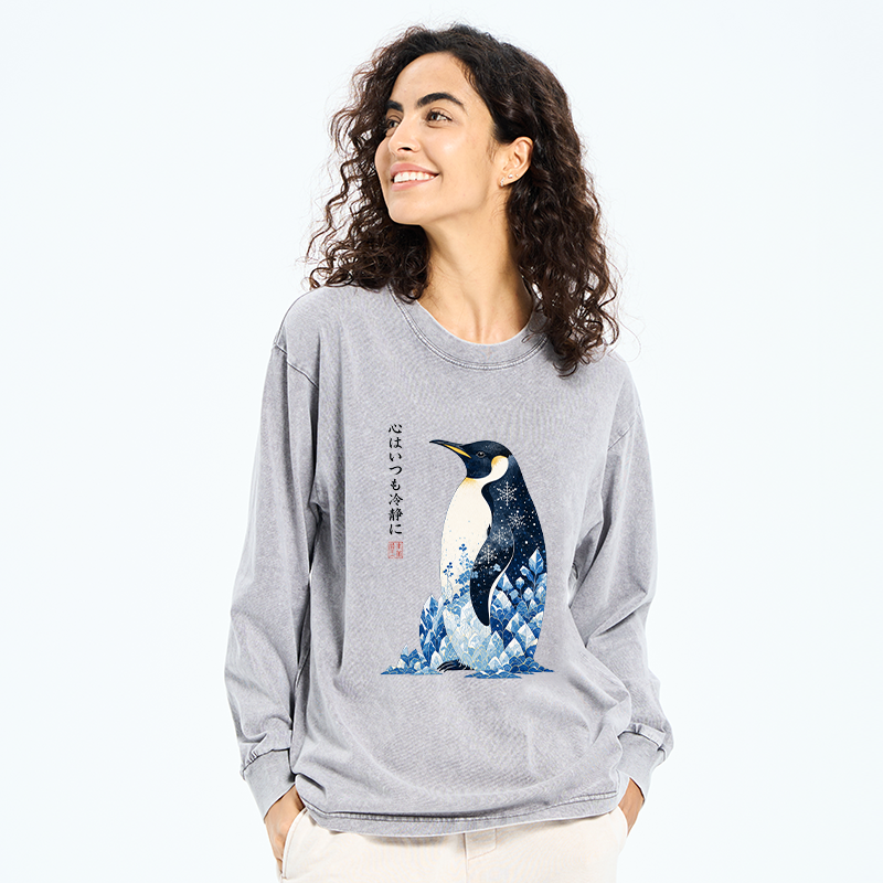 Tokyo-Tiger Keep Calm Penguin Washed Long Sleeve T-Shirt
