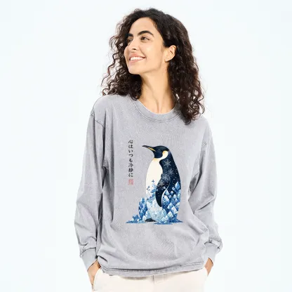 Tokyo-Tiger Keep Calm Penguin Washed Long Sleeve T-Shirt