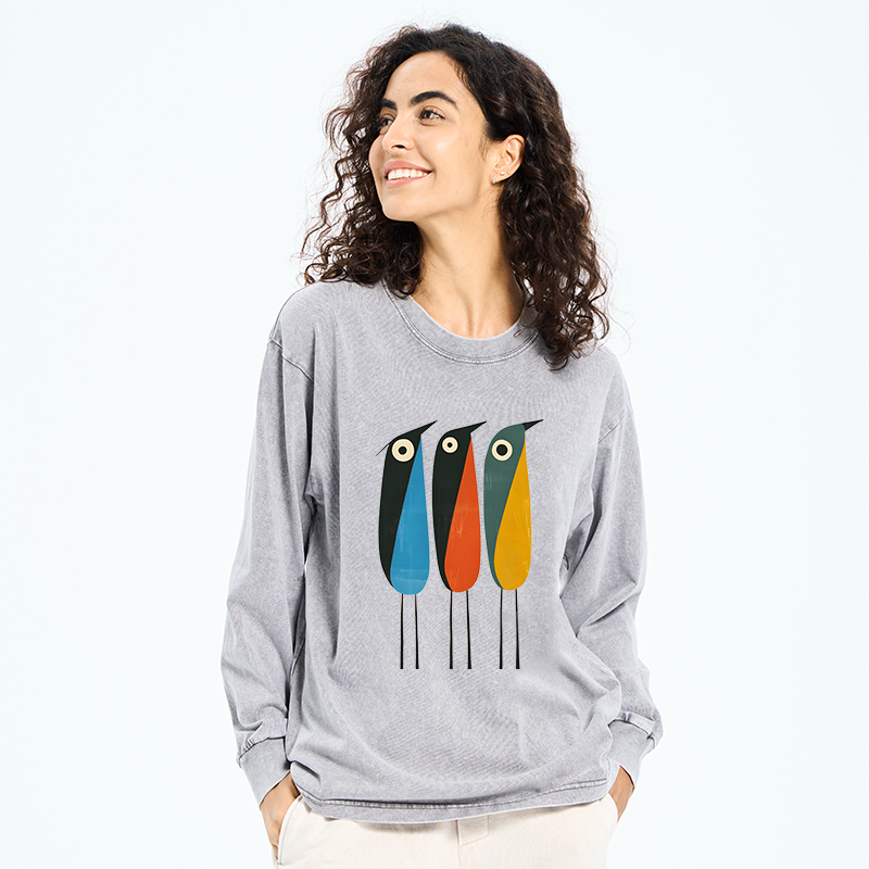 Tokyo-Tiger Bold Shape Birds Washed Long Sleeve T-Shirt