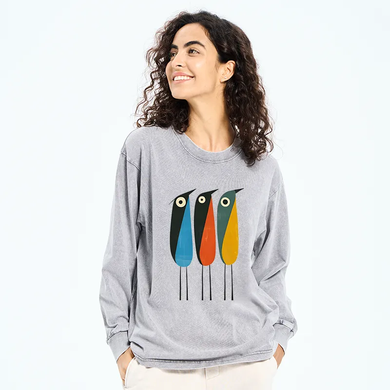 Tokyo-Tiger Bold Shape Birds Washed Long Sleeve T-Shirt