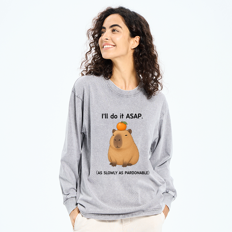 Tokyo-Tiger Slow Task Capybara Meme Washed Long Sleeve T-Shirt